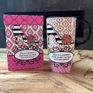 Retired Cypress Home Ceramic Travel Mug 16 oz Pink High Heel Shoes Journey Box